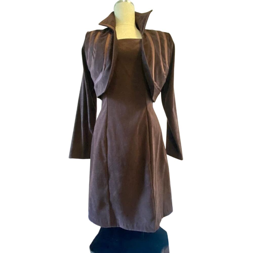 80'/90's Brn Faux Suede Cropped Blazer & Dress 2 piece Set "Cache" Women’s SZ S